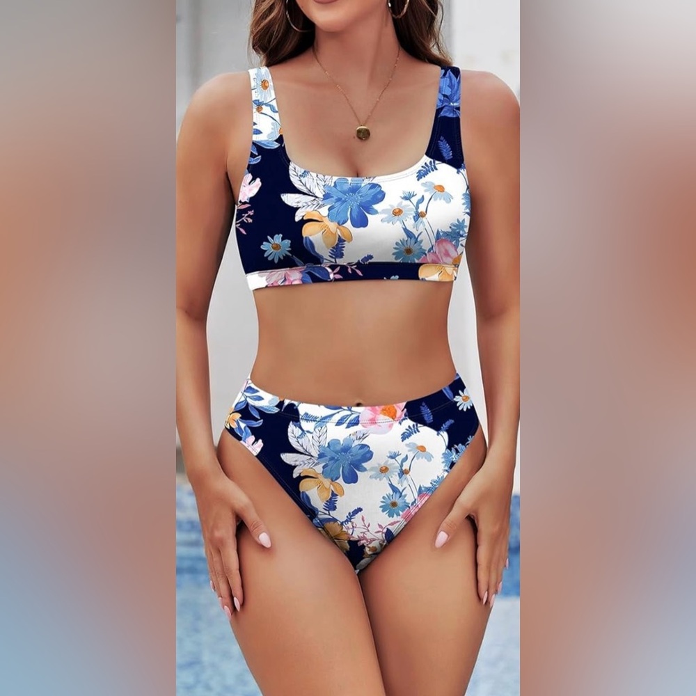 NWOT Pink Queen Floral Navy Sporty Crop Top High Cut 2pc Swimsuit Women’s L